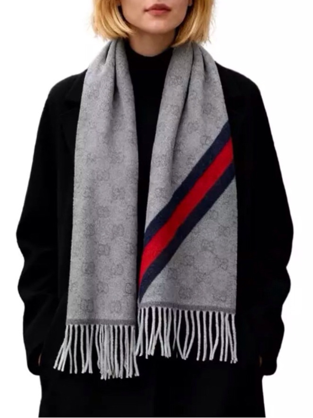 BNWT Authentic Gucci Gray Fringe Scarf with Red & Navy Stripe - Unisex